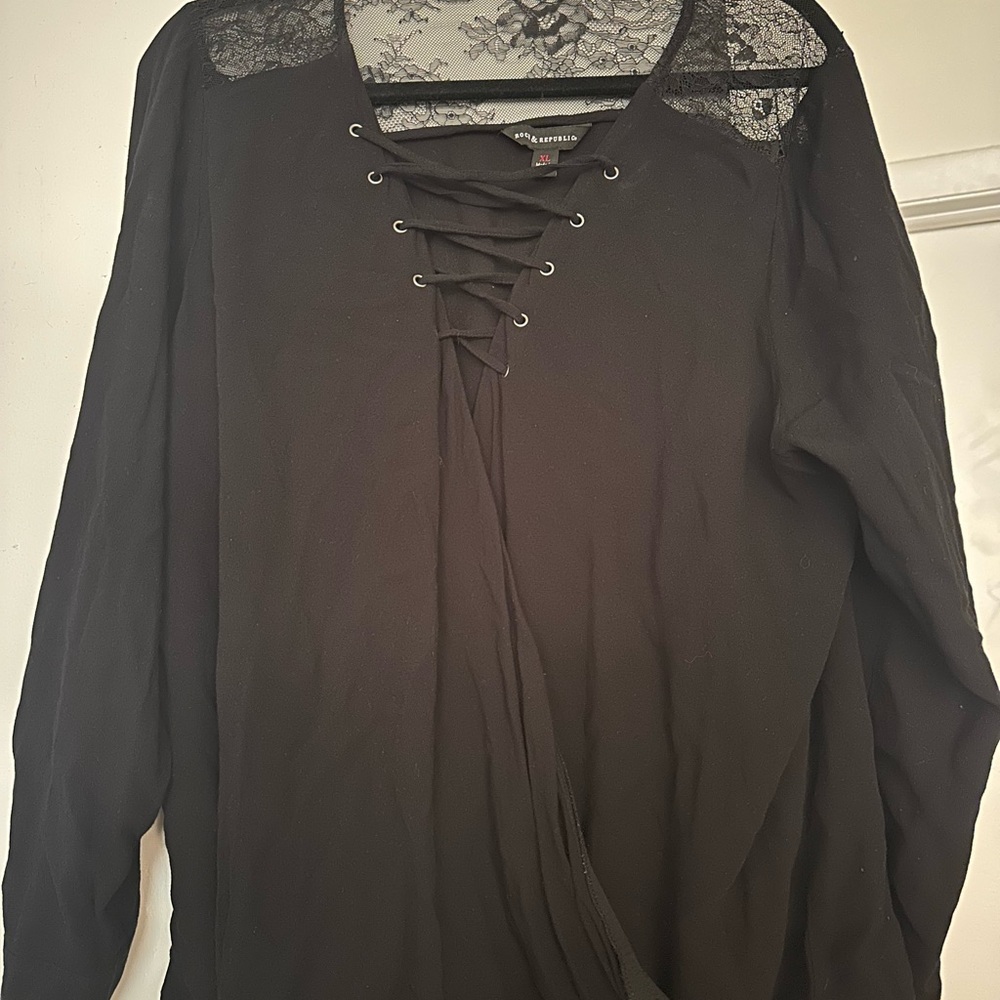 Rock & Republic Black Lace-Up Blouse